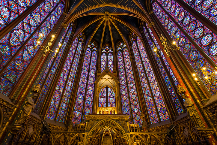 Sainte Chapelle (Holy Chapel). View of the upper chapel and the impressive stained glass work. Characteristic of Gothic, Rayonnant architecture. Ile de la Cite, Paris